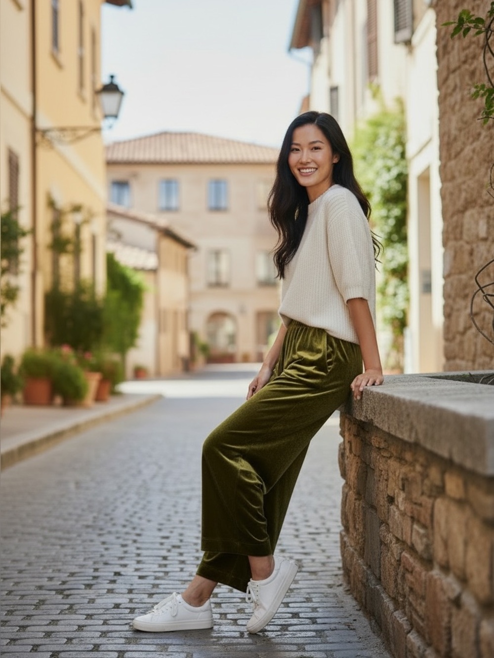 UNIQLO (M) Velour Wide Straight Leg Cropped Pants Soft Cozy Stretch Olive Green - Picture 3 of 14